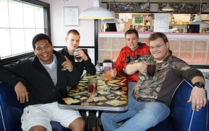 North Country Community College friends (from left_ Darrin Clark, Alex Shackett, Ryan Spaulding, and Mitchell King hope to become NYS Troopers. They are regulars at Bokie's in Malone.